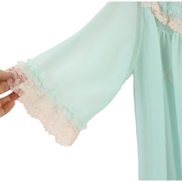 Vintage Elsser Peignoir Mint Green White Nylon Lace Robe & Nightgown Small SW32 - Picture 9 of 12